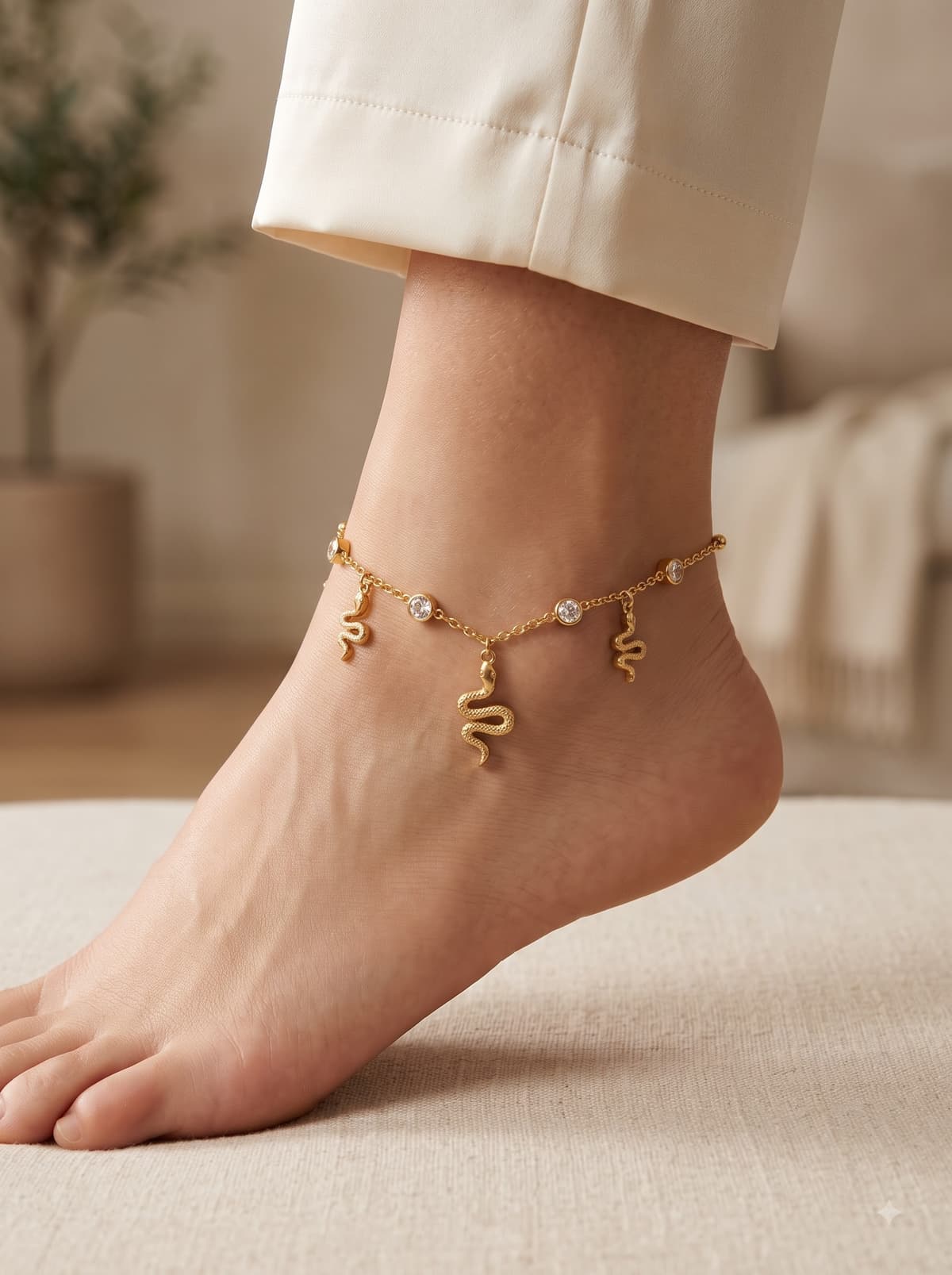 Waterproof Gold Snake Chain Crystal Charm Anklet on model