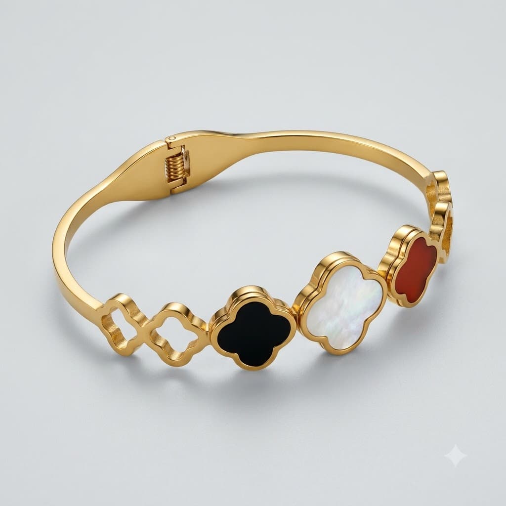 18K Gold Multi-Color 3-Leaf Clover Hinge Bangle