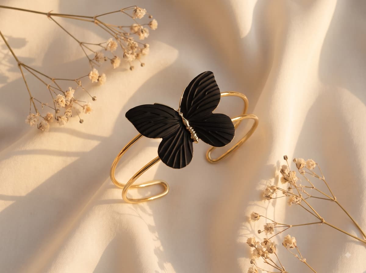 Onyx Black Butterfly Charm 18K Gold Bracelet on model