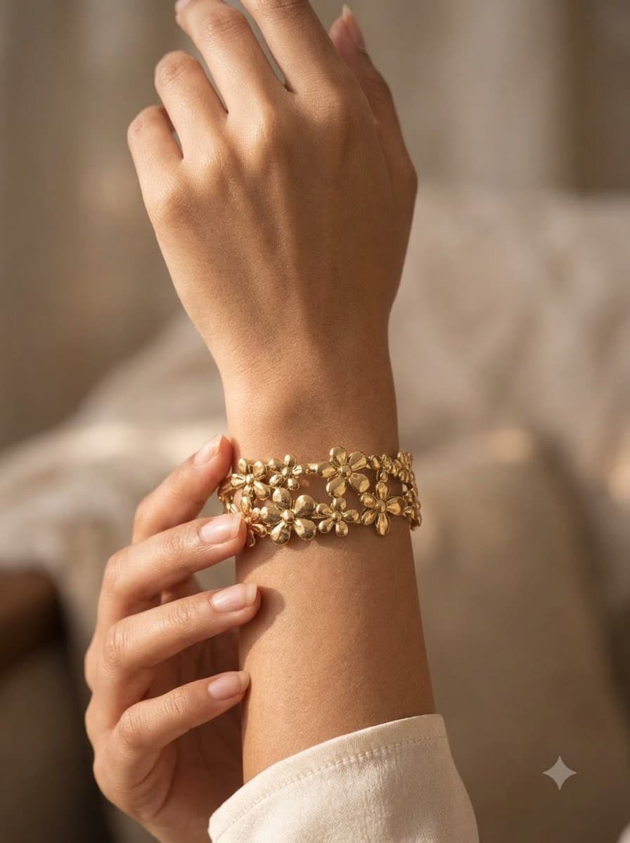 18K Gold 12-Flower Blossom Chain Bracelet on model